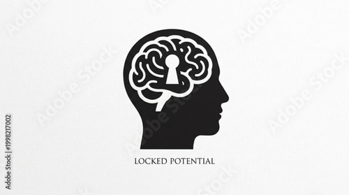 Silhouette of a head with a brain and a keyhole symbolizing locked potential and unlocking ideas.