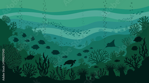 Vector illustration of an underwater coral reef landscape with silhouettes of various fish sea turtles and aquatic plants in teal tones, representing ocean conservation and sustainable marine life