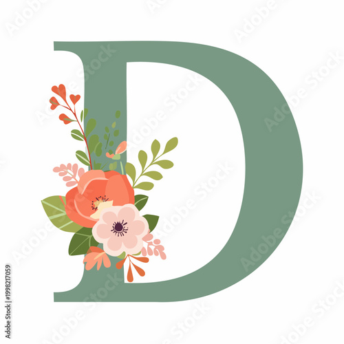 Floral Letter D Monogram with Watercolor Flowers