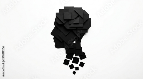 Abstract profile of a head dissolving into geometric shapes, symbolizing thought and memory.