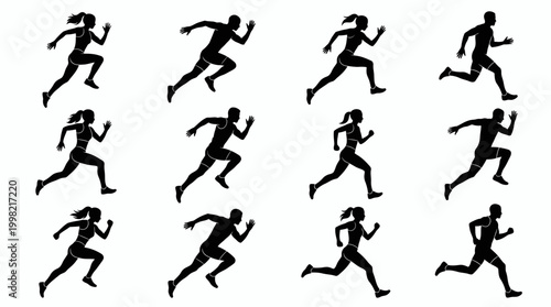 Collection of male and female athlete silhouettes running and sprinting in various dynamic poses on a white background, representing athletic performance and illustrating fitness lifestyle