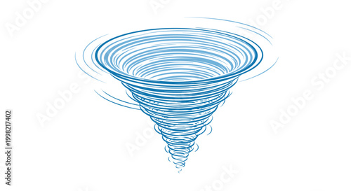 Detailed illustration of a swirling blue tornado or vortex funnel against a white background representing powerful weather forces.