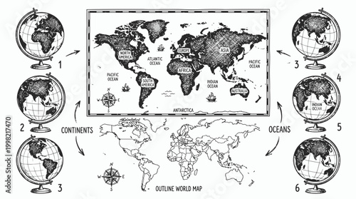 Hand-drawn vintage world map set featuring detailed globes and outline maps of continents and oceans with nautical elements, symbolizing global geography education or travel exploration
