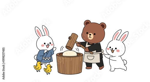 Cute bear and two white rabbits wearing traditional Japanese clothing while pounding rice to make mochi with a wooden mallet.
