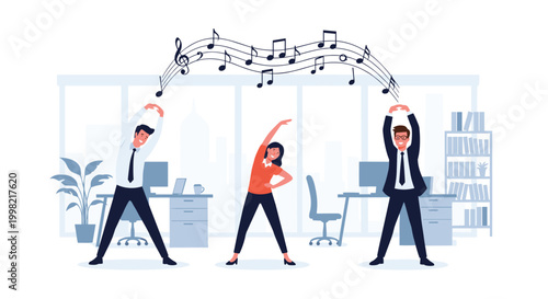 Group of three office workers in formal attire performing stretching exercises together in an office setting with musical notes.
