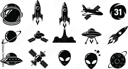 Space Exploration and UFO Icons Set with Astronaut, Rocket, UFO, Satellite, Alien, and Planet for Outer Space and Science Fiction Designs