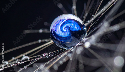 Mystical Marble: A captivating macro shot reveals a luminous marble, swirling with ethereal blues and purples. Its reflective surface glistens, cradled by delicate structures.