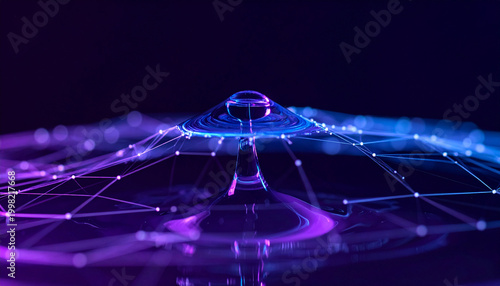 Fluid Dynamics: A mesmerizing shot of a water droplet creating intricate ripples and network patterns, captured in vivid blue and purple hues, symbolizing connectivity and innovation.