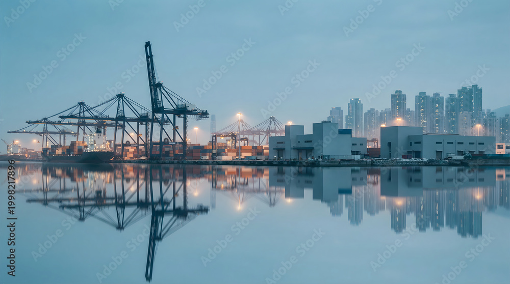 Fototapeta premium Port container terminal with cranes reflecting in calm water against city skyline at dusk