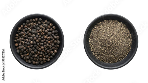 Isolated black peppercorns and ground pepper in bowls on a transparent background for culinary use.
