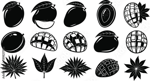 Mango and Tropical Fruit Icons Set with Whole Mangoes, Sliced Mangoes, Leaves, and Fruit Patterns for Fresh and Healthy Food Designs