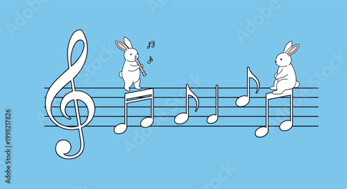 Two cute white rabbits positioned on a musical staff with one playing a flute and the other resting amidst giant notes.