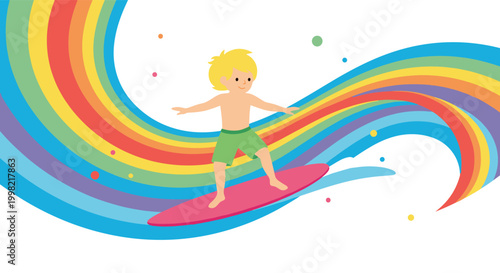 Young blonde boy balancing on a pink surfboard while riding a giant colorful rainbow wave against a white background.