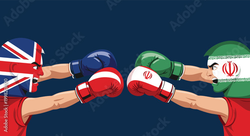Metaphorical boxing match between two characters representing the United Kingdom and Iran with their flags on their heads.