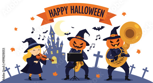 Halloween musical performance featuring a young witch on violin and pumpkin-headed musicians playing saxophone and tuba.