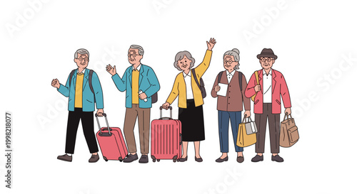Group of five active senior citizens with suitcases and bags walking and waving while preparing for a group travel trip.