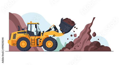 Heavy machinery yellow front loader excavator moving large pile of brown soil and dirt on construction site background.