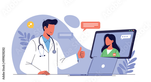 Male doctor wearing white coat using laptop for online consultation with female patient through video call interface.