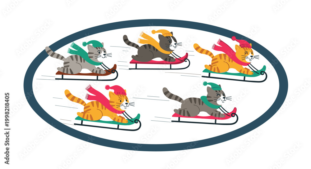 Fototapeta premium Group of five cute cats wearing winter hats and scarves having fun sledding down a snowy hill inside a dark oval frame.