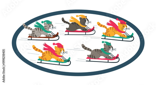 Group of five cute cats wearing winter hats and scarves having fun sledding down a snowy hill inside a dark oval frame.