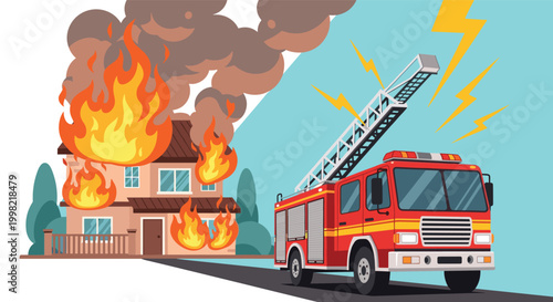 Red fire truck with ladder extended rushing down road towards two story residential house engulfed in bright orange flames and smoke.