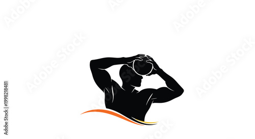 Black silhouette of muscular male athlete preparing to throw a ball while swimming in water with stylized orange and yellow waves.
