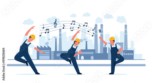 Three factory workers in blue overalls and yellow hard hats dancing joyfully with music notes in front of a blue industrial cityscape.