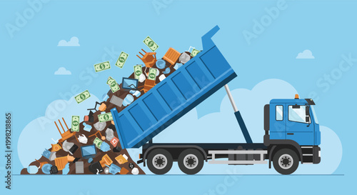 Blue dump truck unloading a large pile of garbage mixed with paper money on a blue background with clouds representing waste cost.