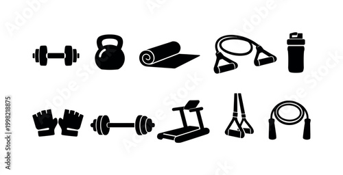 Collection of black fitness equipment icons on a white background for workout planning