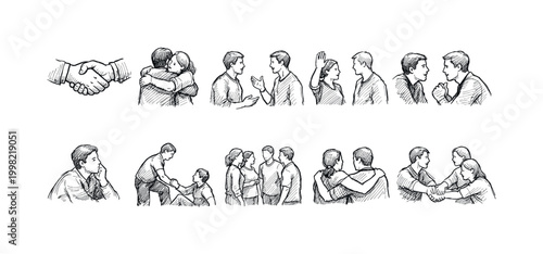 Collection of hand-drawn illustrations depicting various human interactions and relationships