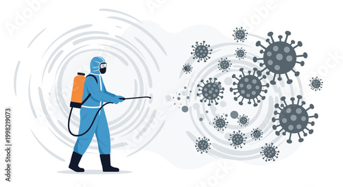 Professional in blue protective hazmat suit spraying disinfectant from back tank to neutralize floating virus particles during pandemic.