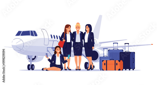 Team of professional female flight attendants in navy blue uniforms posing with luggage in front of a white private jet on the runway.