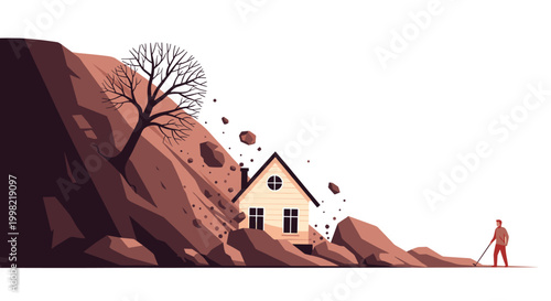 Natural disaster scene showing a massive landslide with falling rocks and soil destroying a small house on a hill with a person watching.