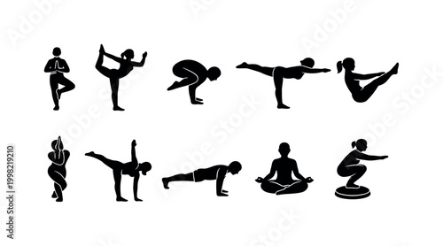Collection of diverse yoga poses and fitness silhouettes for wellness and exercise