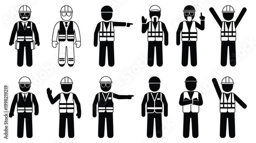 Construction worker stick figure icons wearing hard hats and safety vests. Flat vector illustration set for workplace safety, construction site signage, and industrial training materials.