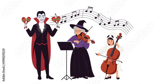 Vampire, witch, and ghost in a child costume performing music with maracas, violin, and cello for a festive Halloween concert celebration.