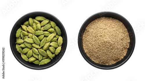 Isolated green cardamom pods and ground powder in bowls on transparent background.