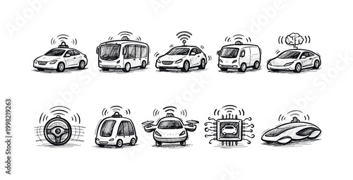 Collection of hand-drawn autonomous vehicles and related technology concepts