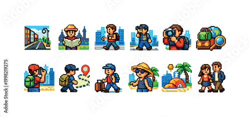 Pixel art collection of diverse travelers exploring urban and tropical destinations