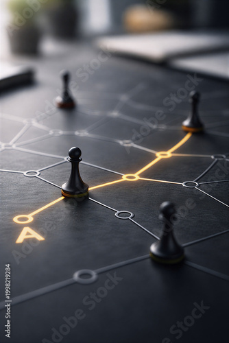 Strategic business planning concept with chess pawns on connected network path