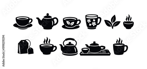 Collection of black tea and coffee icons including cups, teapots, and tea bags