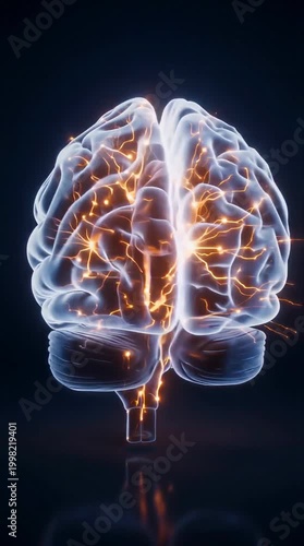 Human brain illuminating with vibrant orange electrical neural impulses and glowing synapses, showcasing complex thought processes and active cognition in a dynamic abstract medical animation.