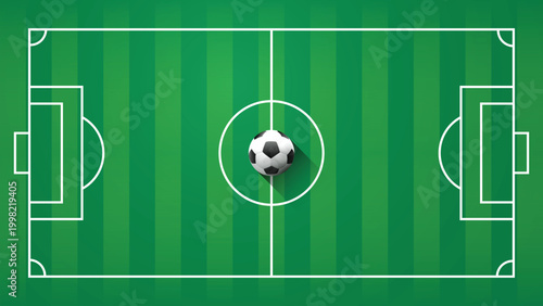 Soccer ball on green football field top view vector background