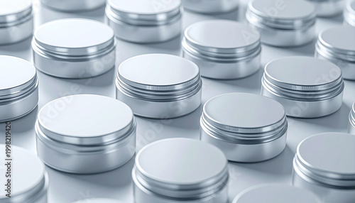 Cosmetic Containers: A collection of sleek, minimalist containers arranged in a pattern, their clean lines and metallic finish reflecting a sense of modern simplicity.