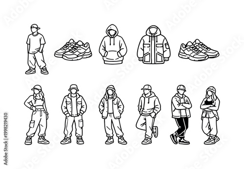 Collection of stylized line art illustrations of people in streetwear and athletic footwear