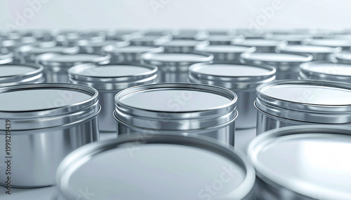 Metal Cans in Focus: An array of gleaming, silver metal cans stand in a neat, organized arrangement, creating a pattern of industrial aesthetics. It reflects modern manufacturing and supply.