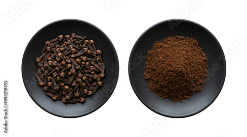 Culinary cloves: whole spice and ground powder on isolated black plates with a transparent background.