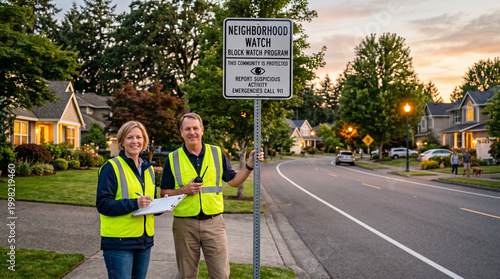 Two volunteers in reflective vests chatting beside a neighborhood watch sign at twilight, suburban street, community safety friendship, block watch co-captains, residential patrol program, summer ev
