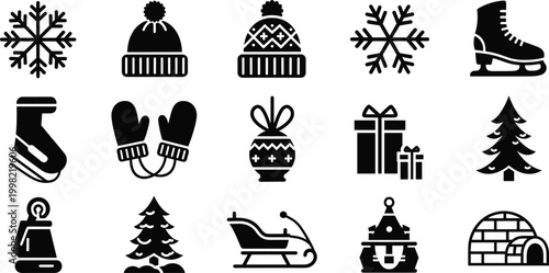 Winter and Holiday Icons Set with Snowflakes, Mittens, Ice Skates, Christmas Tree, Gifts, and Igloo for Seasonal and Festive Designs