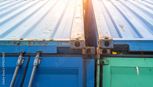 Intermodal Containers: An interesting view of a colorful collection of intermodal containers at a shipping depot, each box showcasing shades of blue and green.